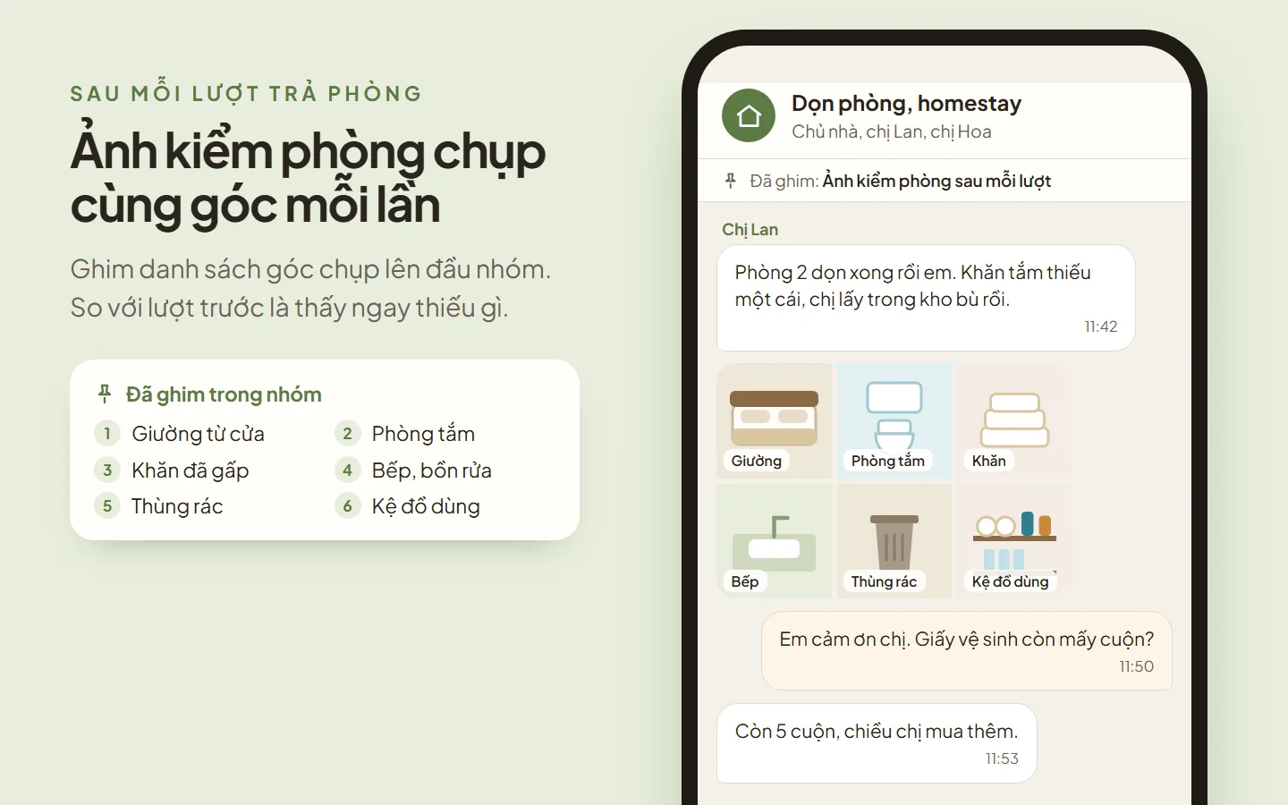 Nhóm chat giữa chủ nhà và người dọn: sau lượt trả phòng, người dọn gửi sáu ảnh kiểm phòng chụp cùng góc mỗi lần, gồm giường, phòng tắm, khăn, bếp, thùng rác và kệ đồ dùng