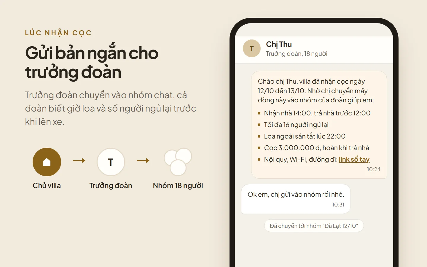 Tin nhắn chủ villa gửi trưởng đoàn lúc nhận cọc: giờ nhận trả nhà, số người ngủ lại, giờ tắt loa, tiền cọc và đường link nội quy đầy đủ